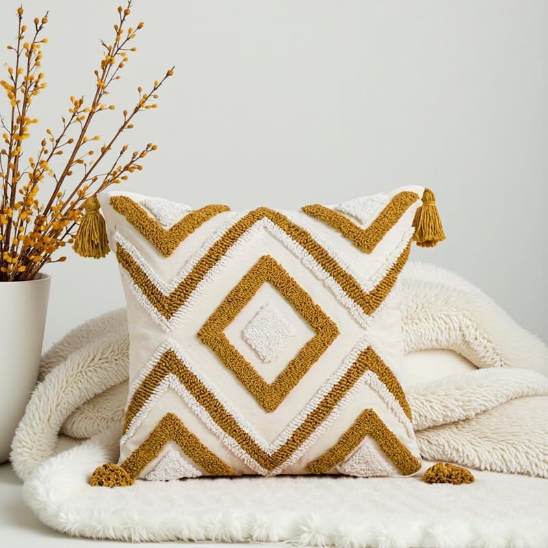 2Pcs 18x18 Yellow Tassel Tufted Embroidered Boho Throw Pillow Covers