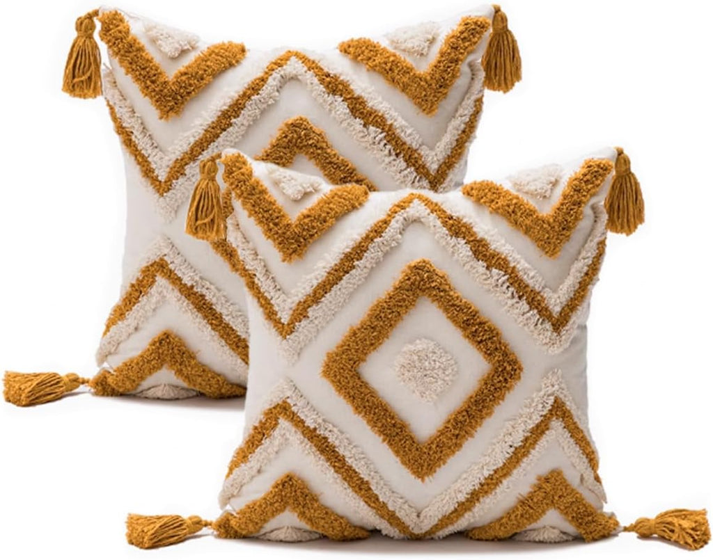 2Pcs 18x18 Yellow Tassel Tufted Embroidered Boho Throw Pillow Covers