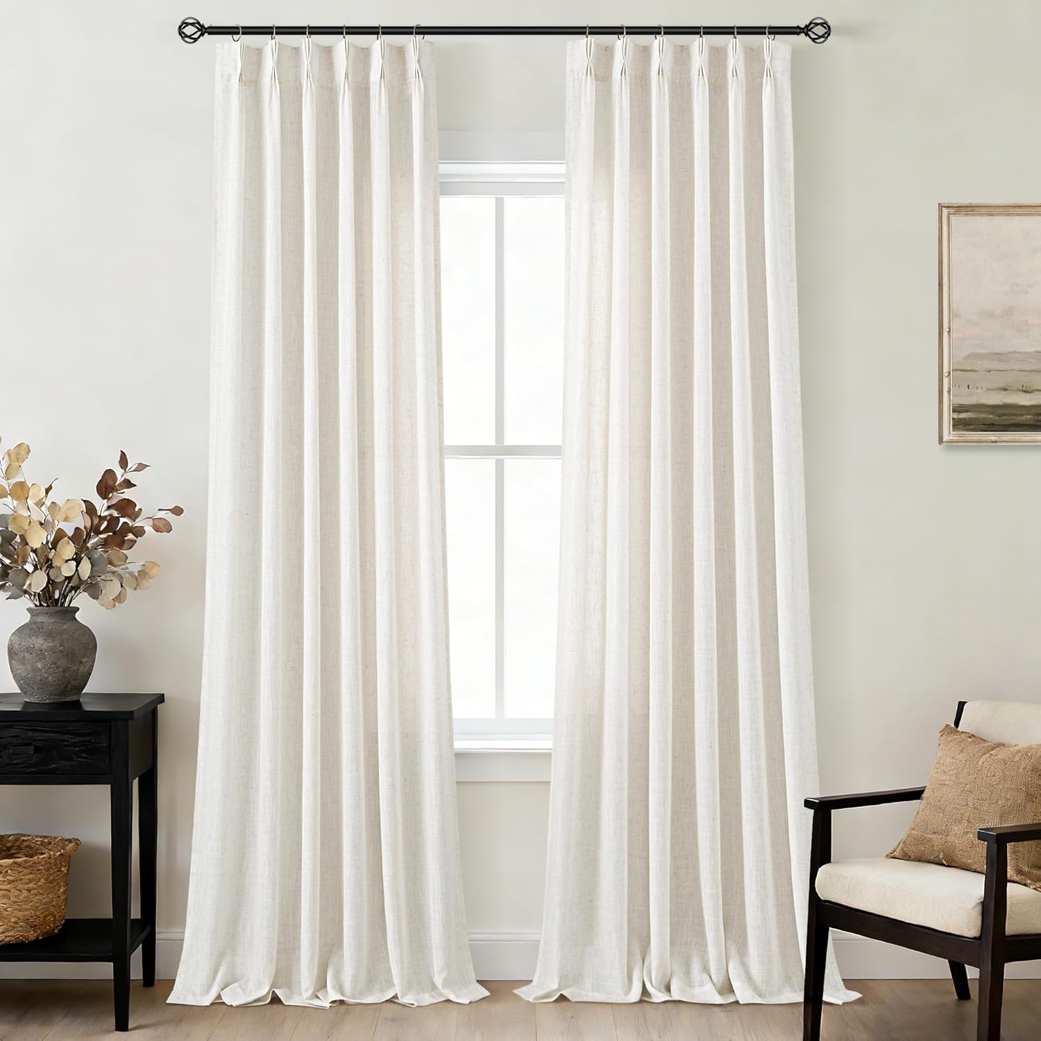 2 Panels 102 Inch Cream Pinch Pleat Linen Light Filtering Farmhouse Curtains with Hooks Rings