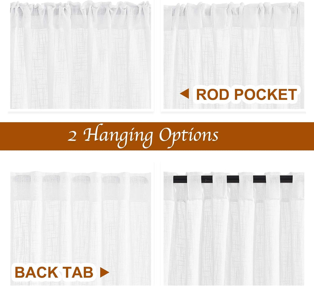 2 Panels 52x84 Inch White Linen Sheer Rod Pocket Back Tab Curtains