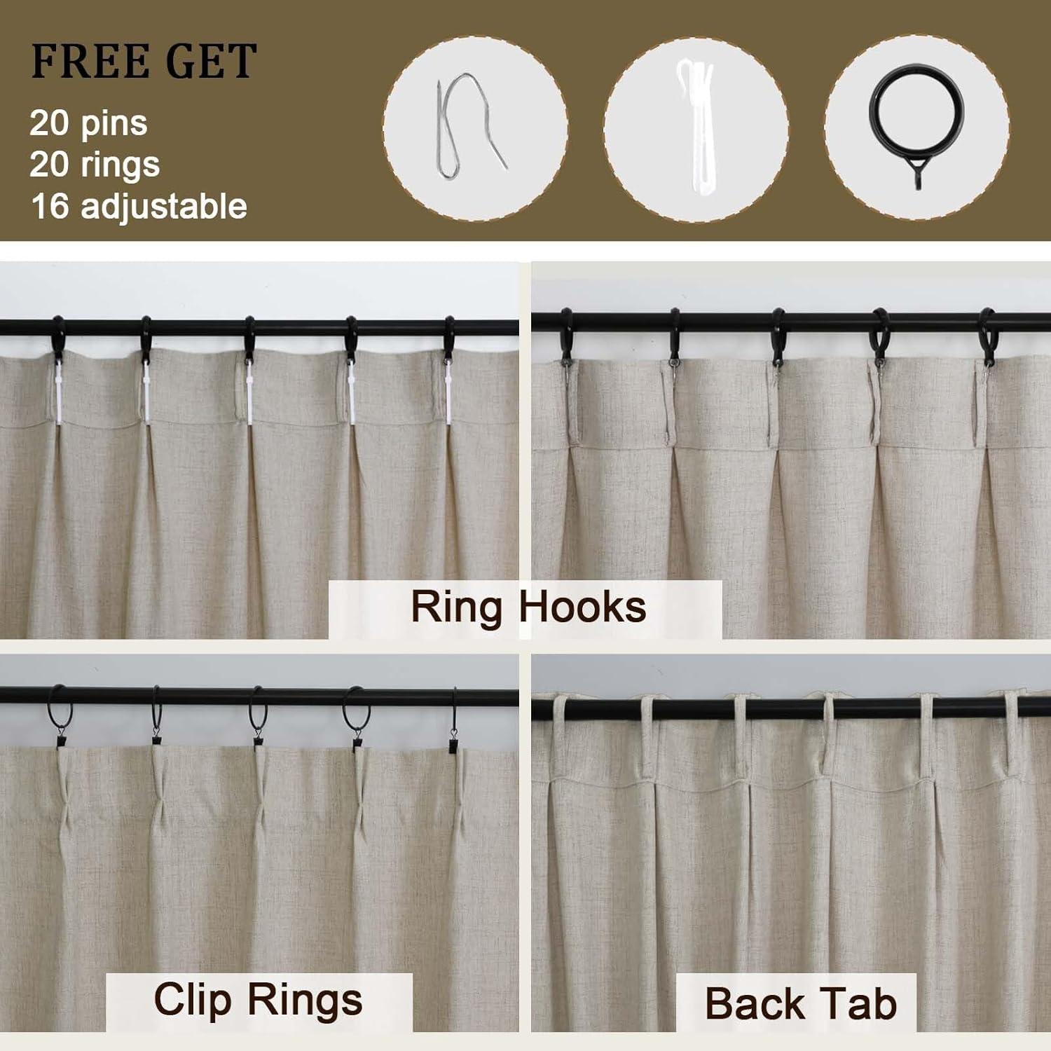 2 Panels 40x63 Inch Linen Color Pinch Pleated Faux Linen Light Filtering Farmhouse Curtains