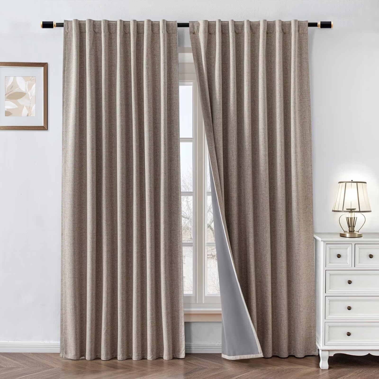 2 Panels 52x84 Inch Beige Faux Linen Thermal 100% Blackout Back Tab Rod Pocket Curtains