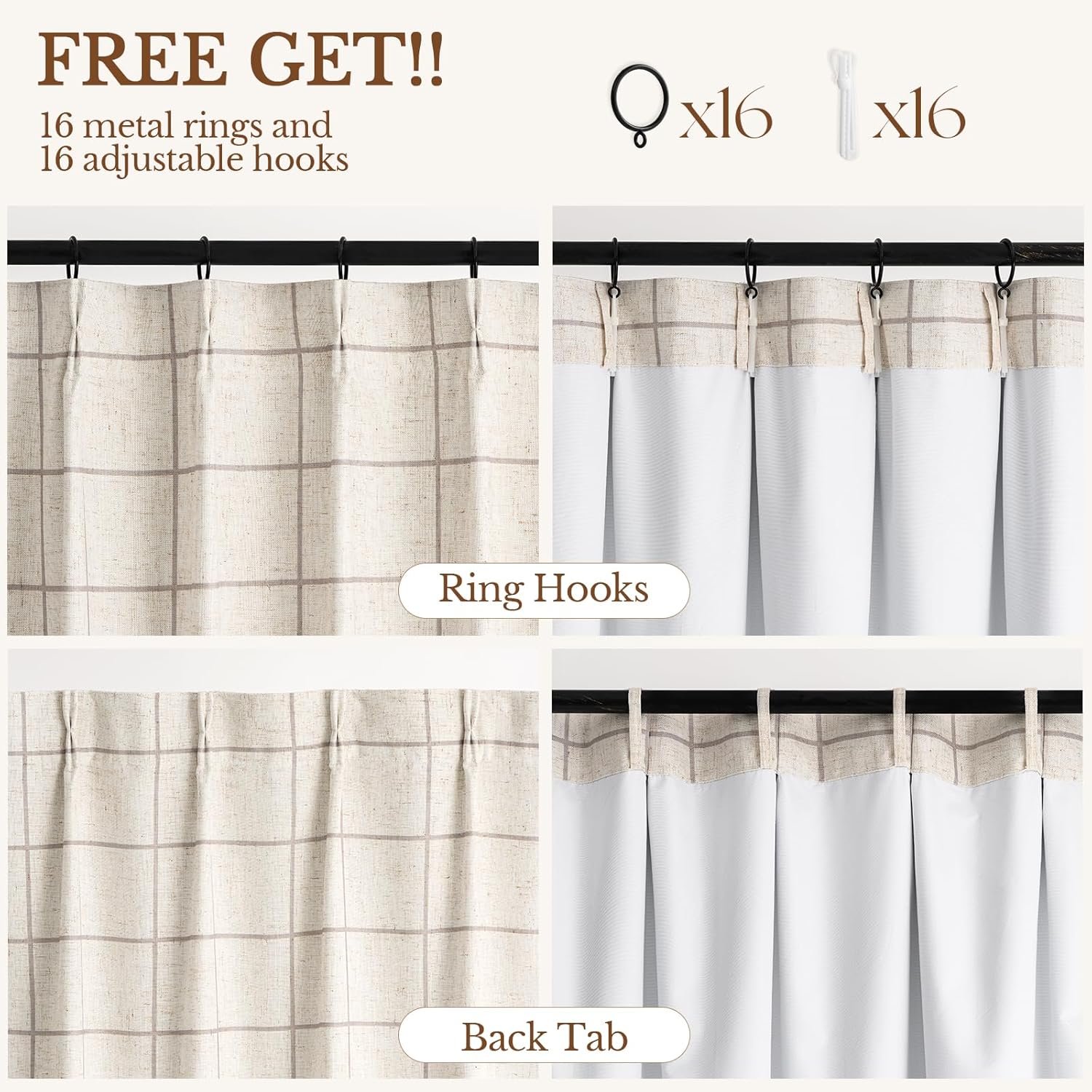 2 Panels 90 Inch Brown Plaid Pinch Pleated Linen Thermal Blackout Curtains