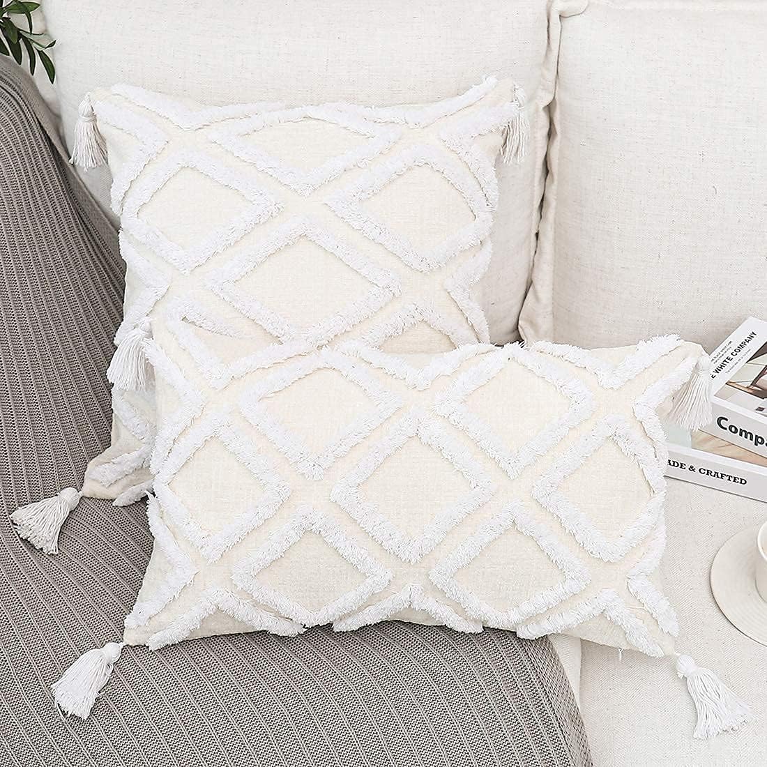 12x20 Boho White Tassel Lumbar Pillow Cover Tufted Chenille Cushion Case 1PC Cover Only