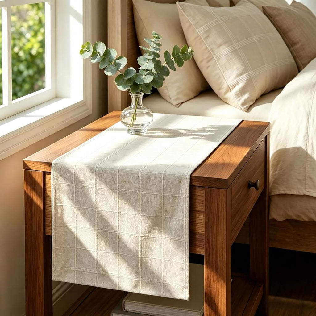 36 Inch Beige Checked Cotton Linen Farmhouse Table Runner