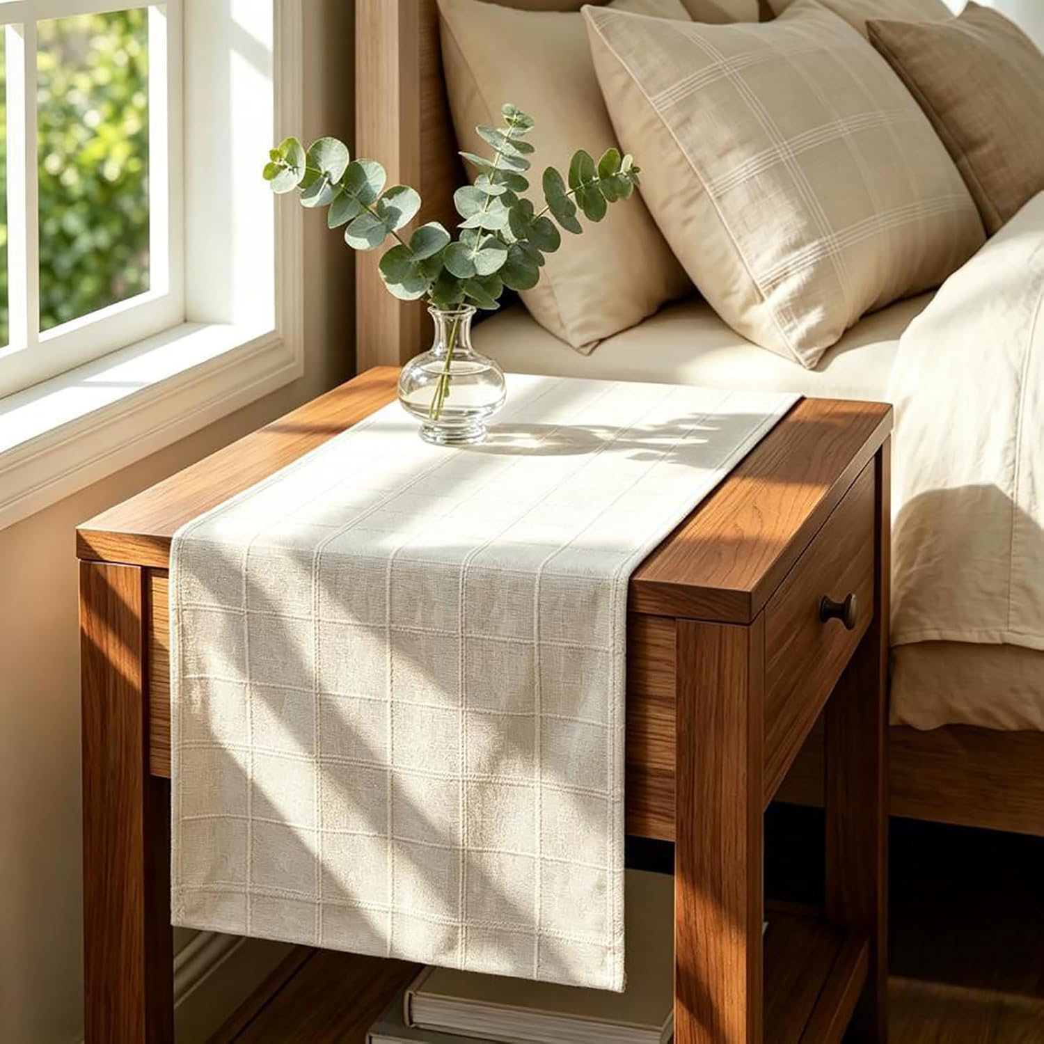 36 Inch Beige Checked Cotton Linen Farmhouse Table Runner