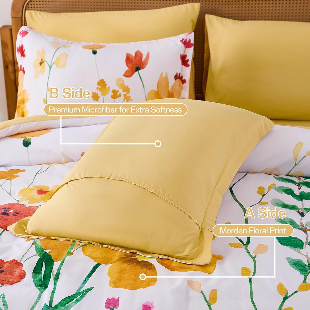 Annibedding 8 Pieces Queen Yellow Floral Microfiber All Season Bed in a Bag Comforter Set