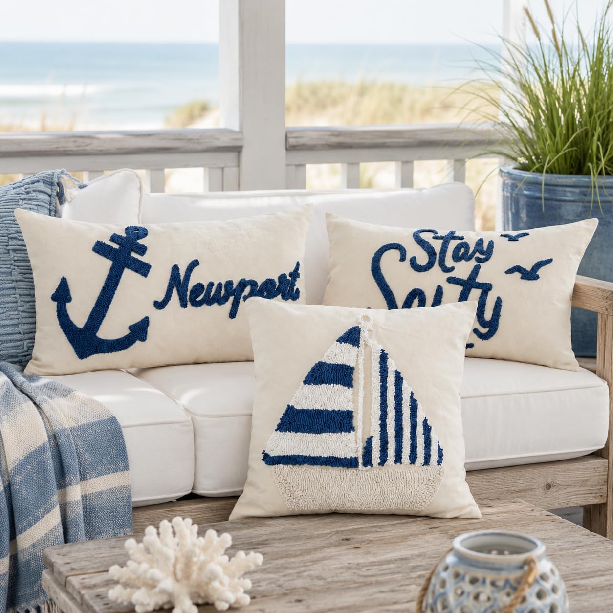 12x20 Inch Navy Blue Stay Salty Tufted Embroidery Coastal Lumbar Pillow Cover 1PC Cover Only
