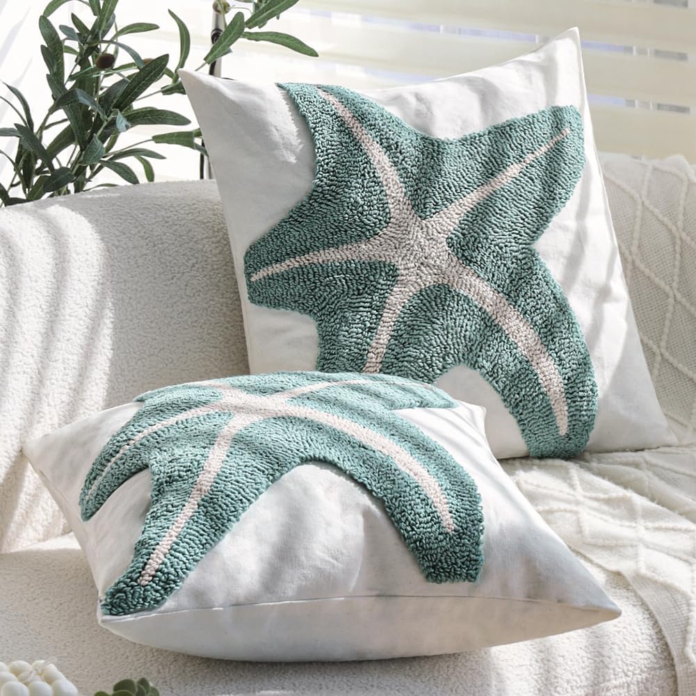 2Pcs 18x18 Tufted Starfish Coastal Beach Canvas Throw Pillow Covers