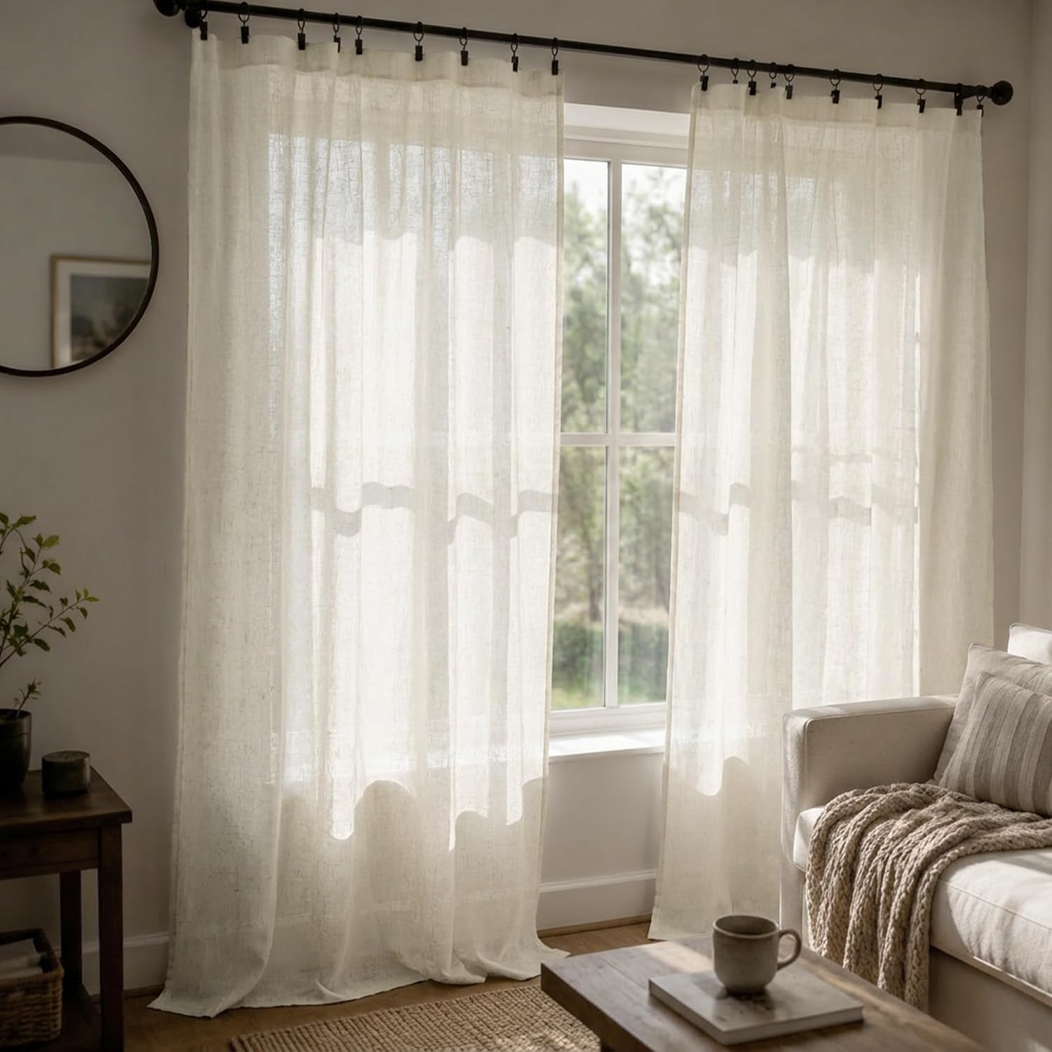 84 Inch Cream Linen Rod Pocket Light Filtering Semi Sheer Farmhouse Cottage Curtains for Living Room Bedroom