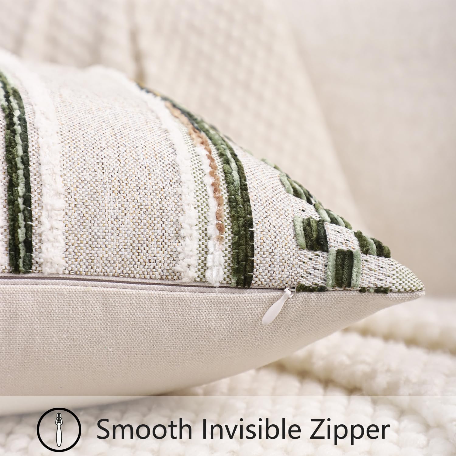 2Pcs 18x18 Dark Green Tufted Chenille Striped Boho Farmhouse Pillow Covers