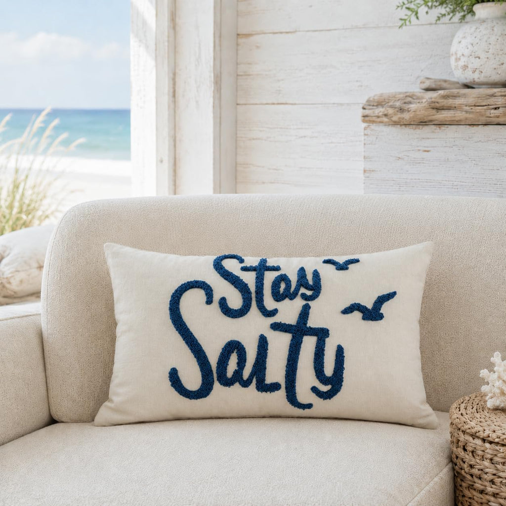 12x20 Inch Navy Blue Stay Salty Tufted Embroidery Coastal Lumbar Pillow Cover 1PC Cover Only
