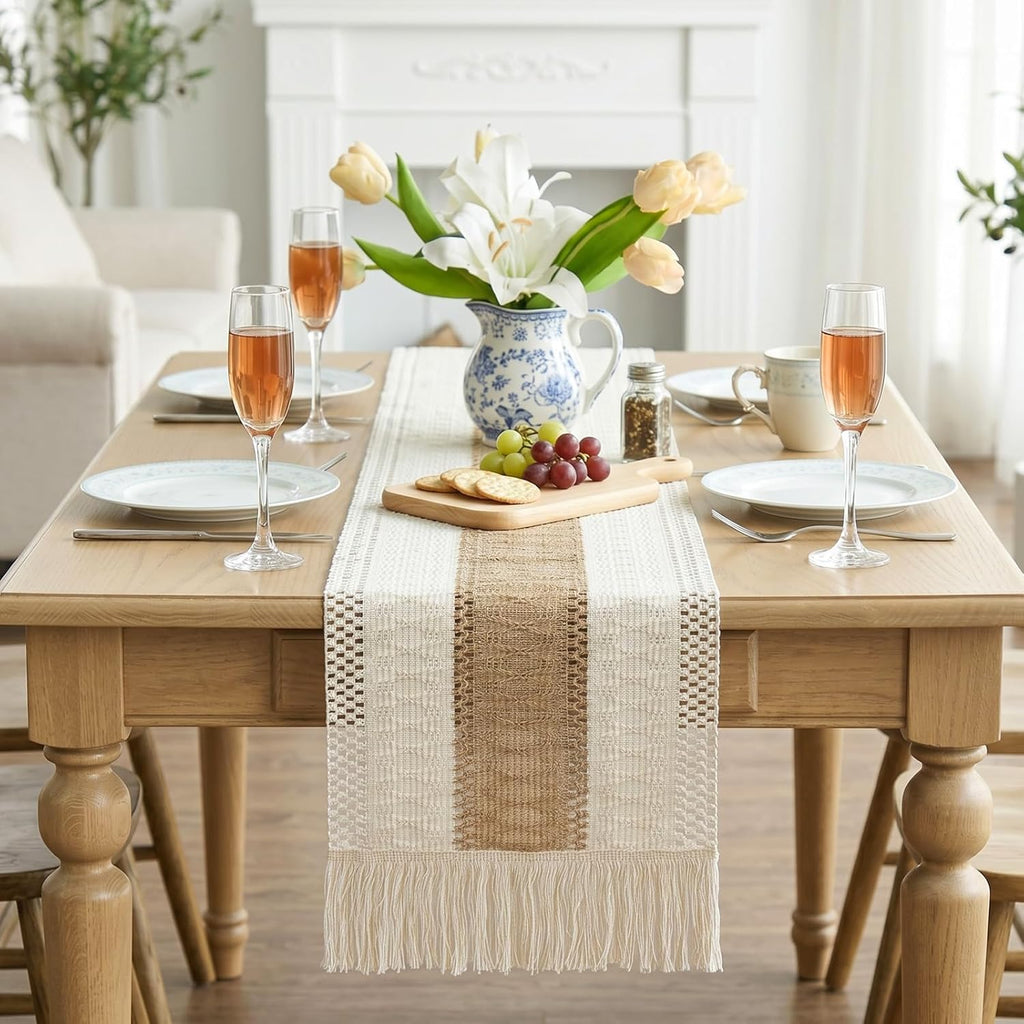 OurWarm 12x72 Inch Macrame Burlap Woven Boho Farmhouse Table Runner