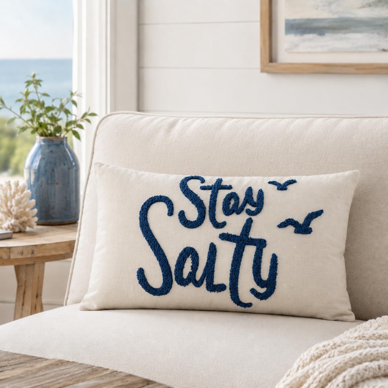 12x20 Inch Navy Blue Stay Salty Tufted Embroidery Coastal Lumbar Pillow Cover 1PC Cover Only