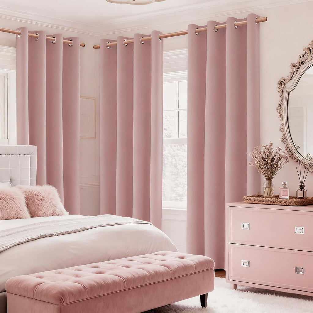 63 Inch Blush Pink Faux Linen 100% Blackout Grommet Curtains 2 Panels