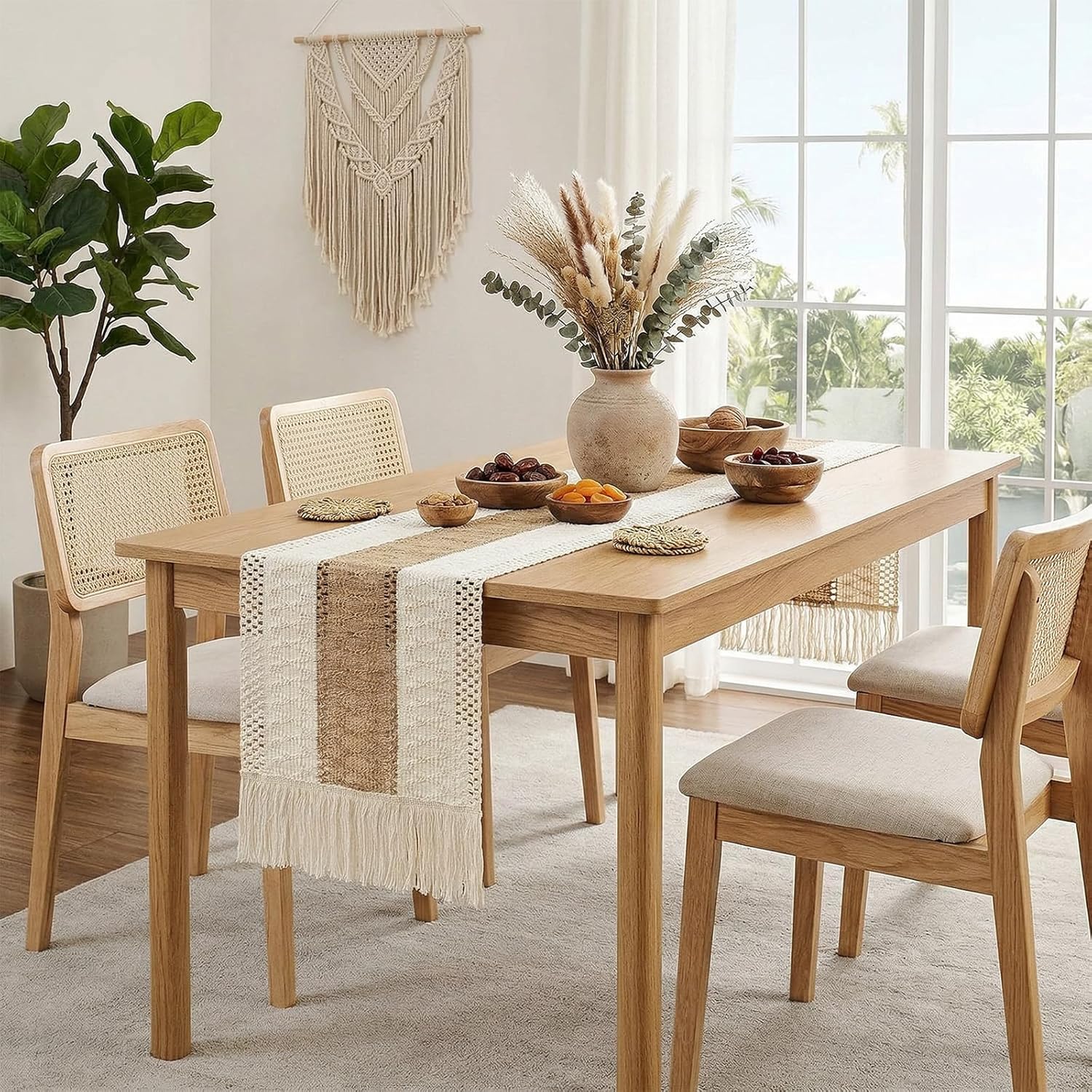 OurWarm 12x72 Inch Macrame Burlap Woven Boho Farmhouse Table Runner