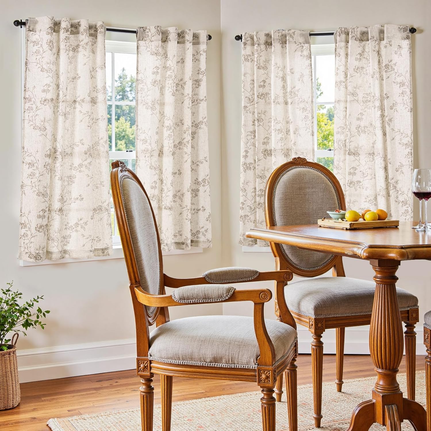2 Panels 54 Inch Taupe Floral Linen Back Tab Farmhouse Tier Cafe Curtains