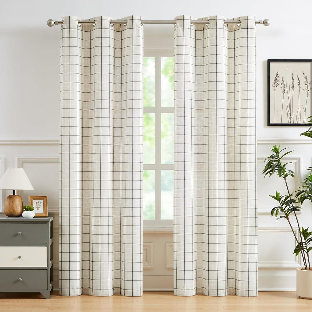2 Panels 40x84 Inch Black White Buffalo Plaid Linen Grommet Light Filtering Farmhouse Curtains