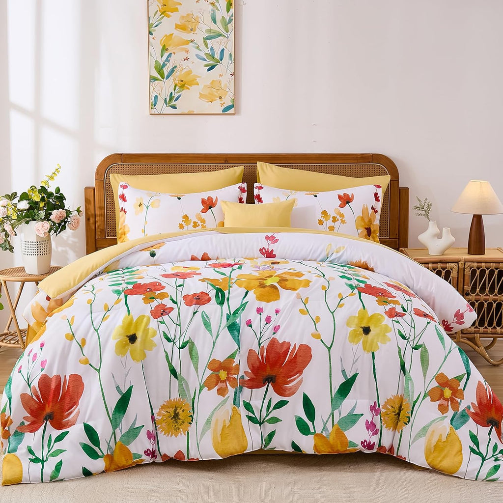 Annibedding 8 Pieces Queen Yellow Floral Microfiber All Season Bed in a Bag Comforter Set