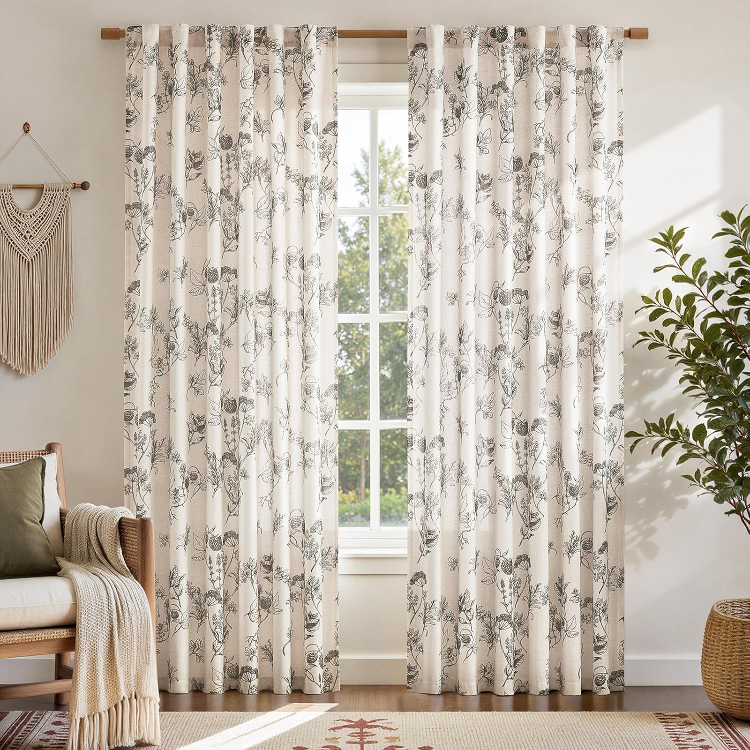 2 Panels 52x84 Inch Vanilla Floral Printed Linen Farmhouse Rod Pocket Curtains
