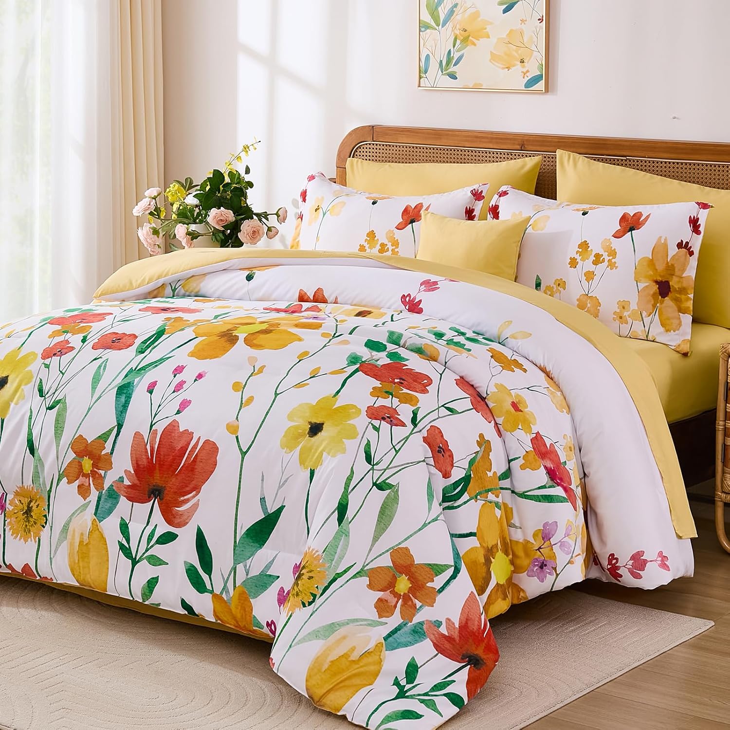 Annibedding 8 Pieces Queen Yellow Floral Microfiber All Season Bed in a Bag Comforter Set