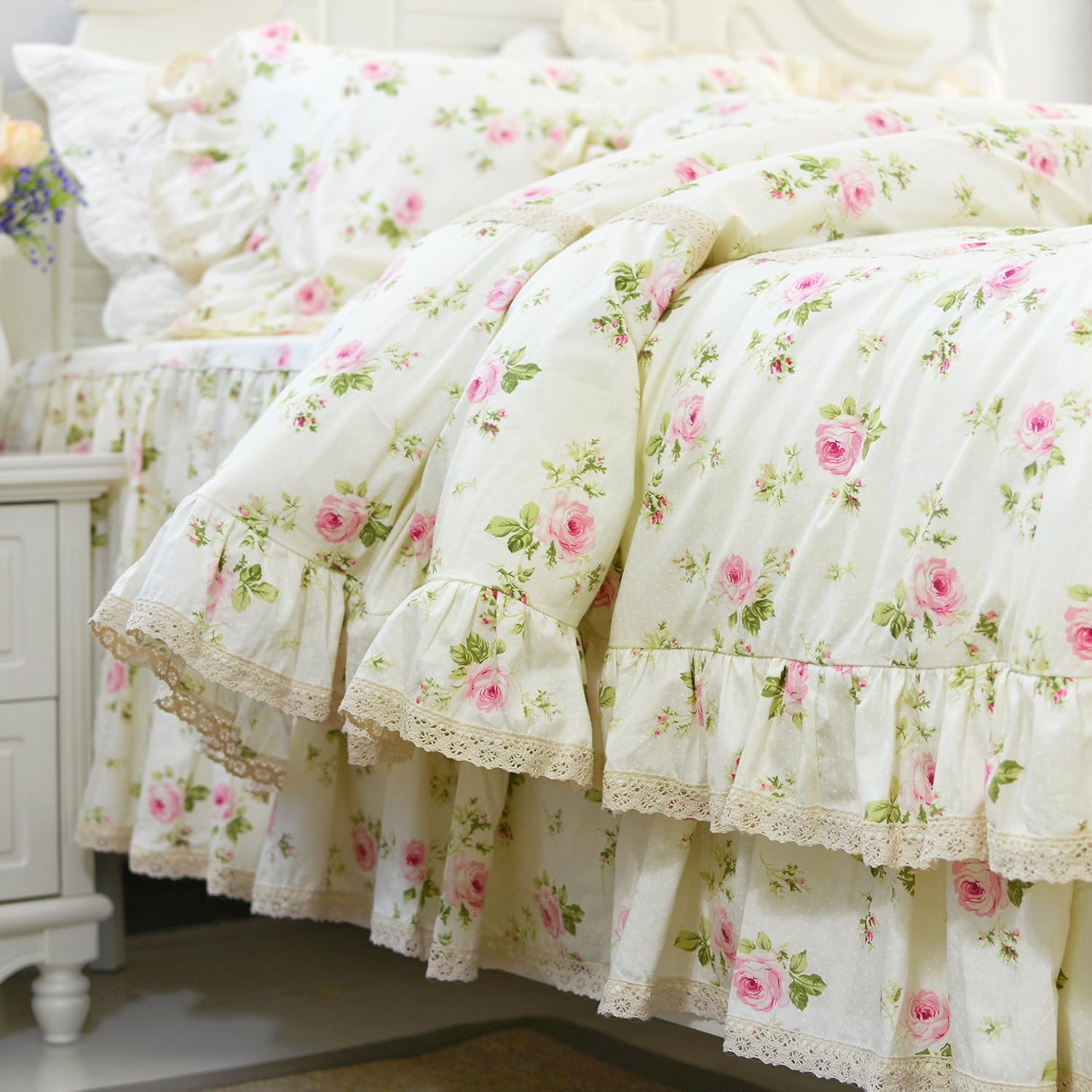 3-Piece Full Rosette Floral Lace Ruffle Princess Duvet Cover Bedding Set for Girls