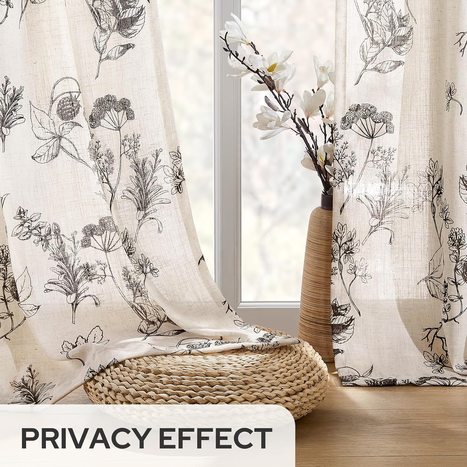 2 Panels 52x84 Inch Vanilla Floral Printed Linen Farmhouse Rod Pocket Curtains