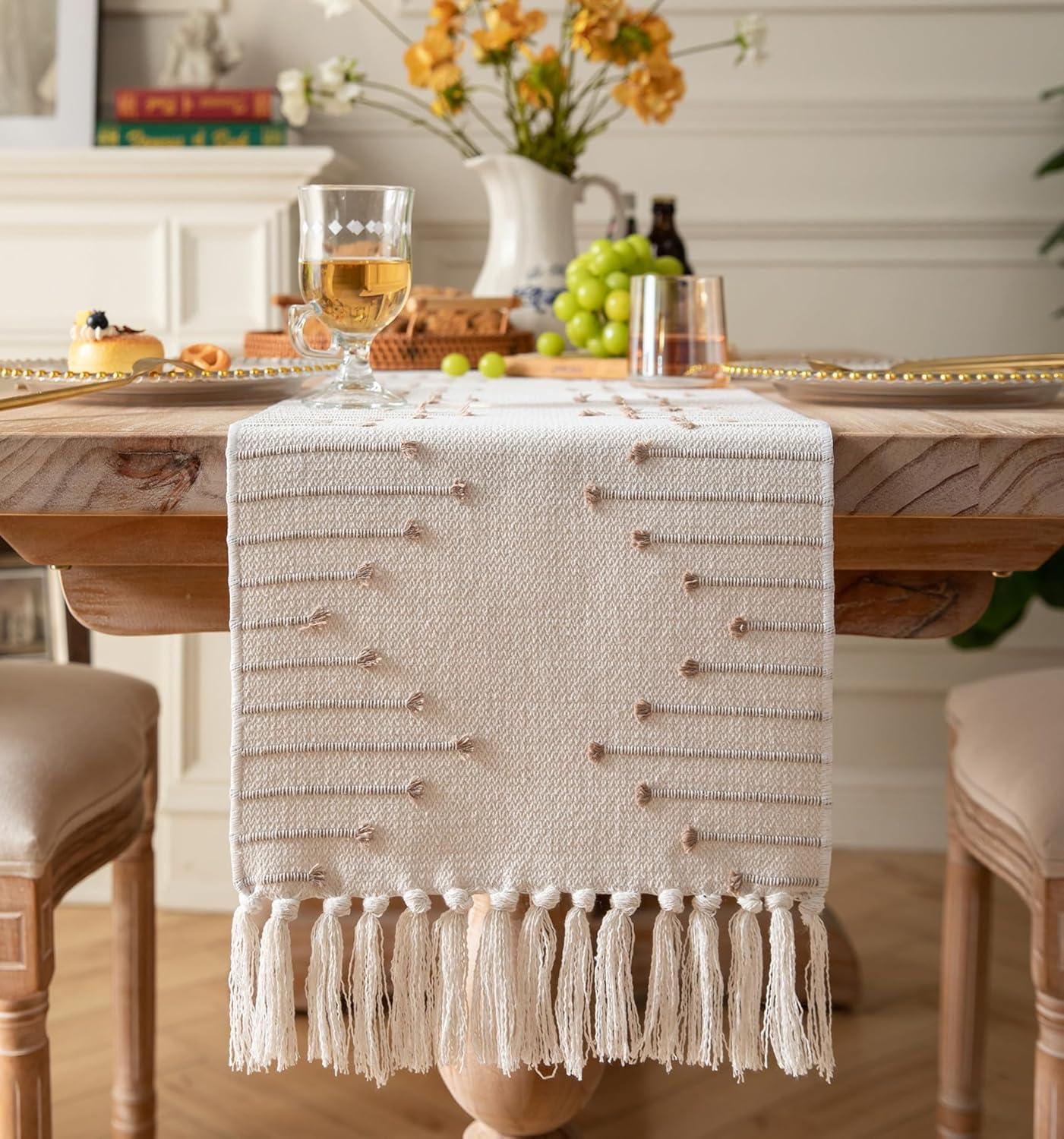13x90 Inch Taupe Beige Tassel Woven Cotton Boho Farmhouse Table Runner