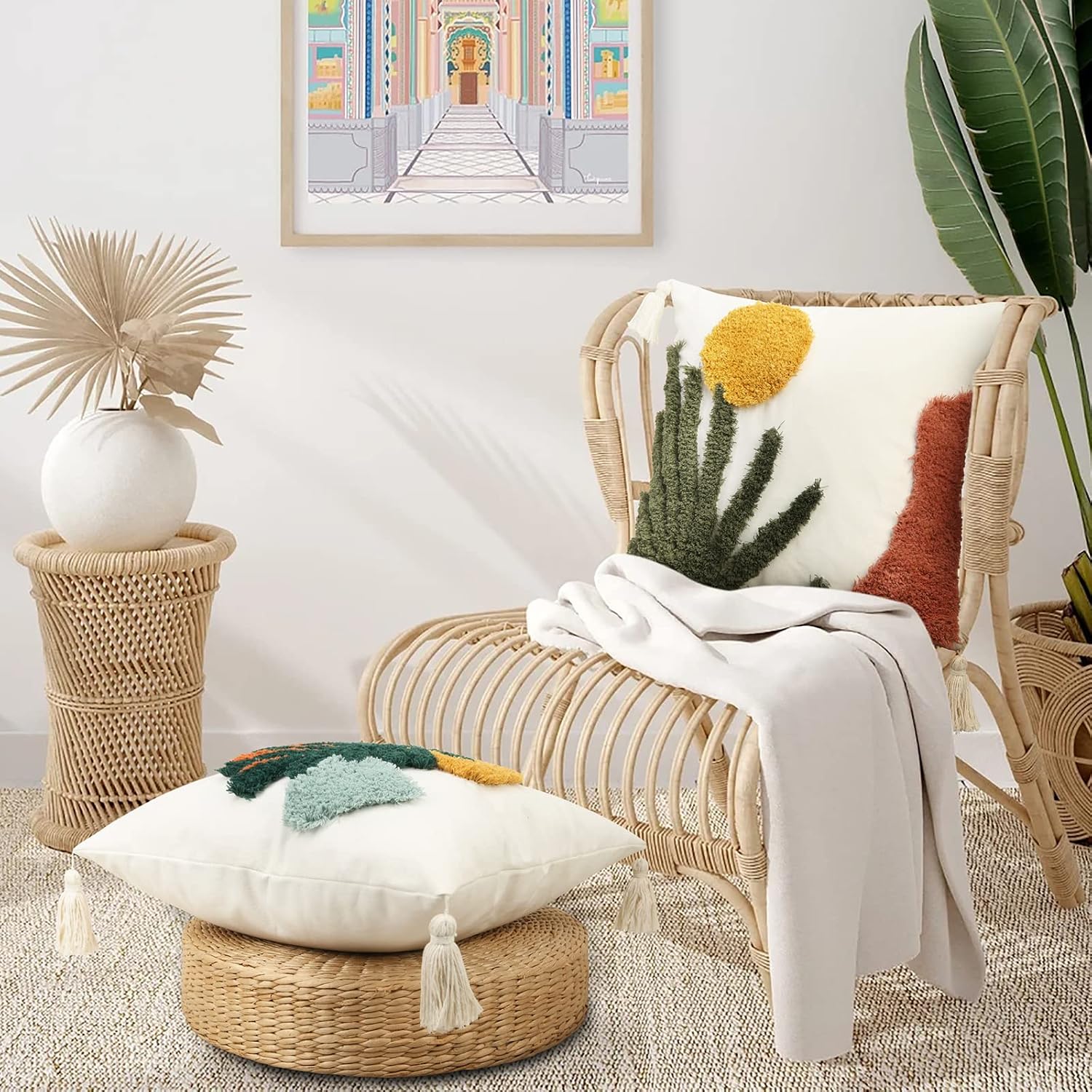 Merrycolor 1Pc 18x18 Tufted Tassel Plant Leaf Boho Throw Pillow Cover