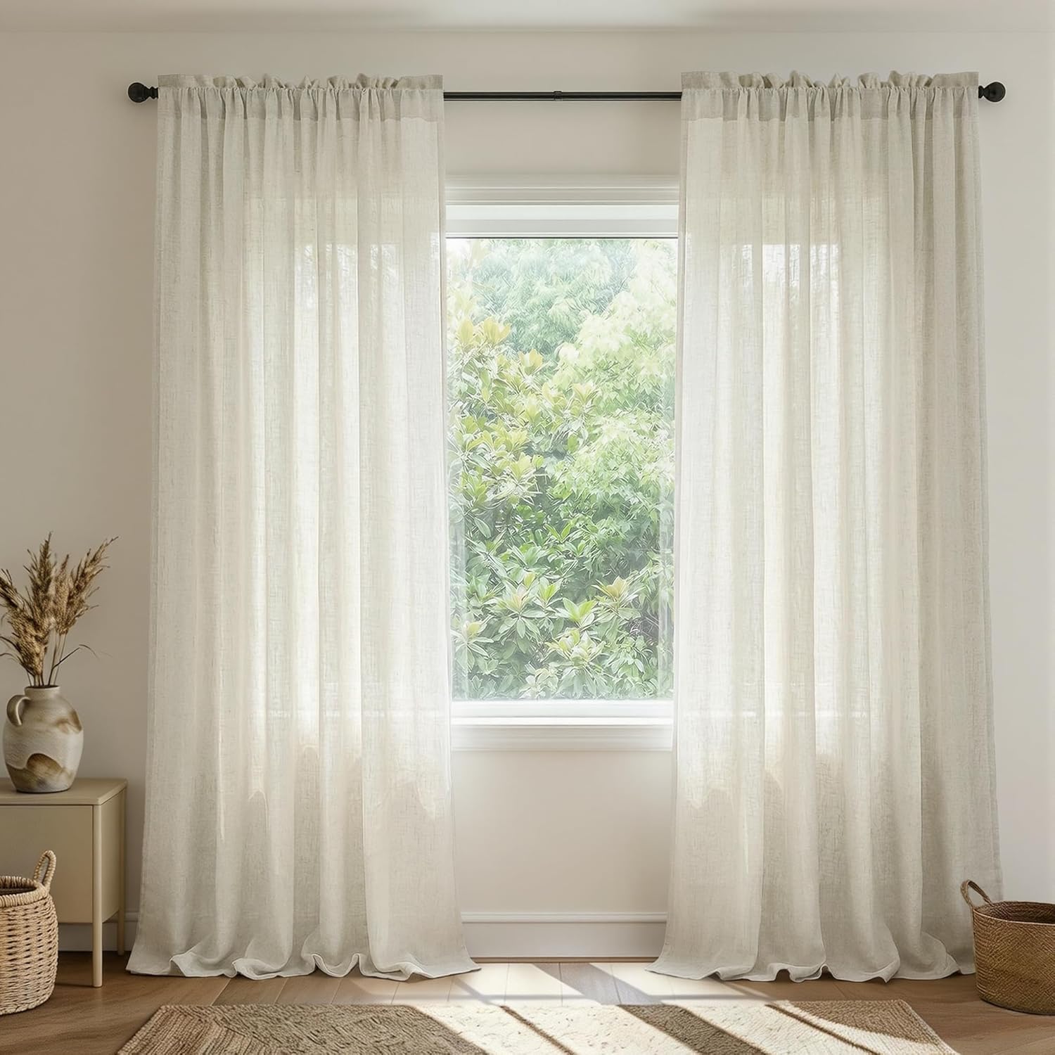 84 Inch Cream Linen Rod Pocket Light Filtering Semi Sheer Farmhouse Cottage Curtains for Living Room Bedroom