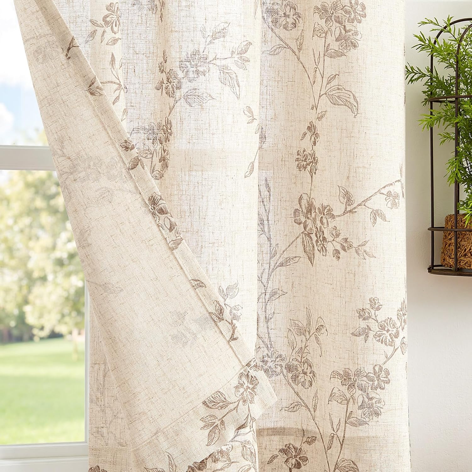2 Panels 54 Inch Taupe Floral Linen Back Tab Farmhouse Tier Cafe Curtains