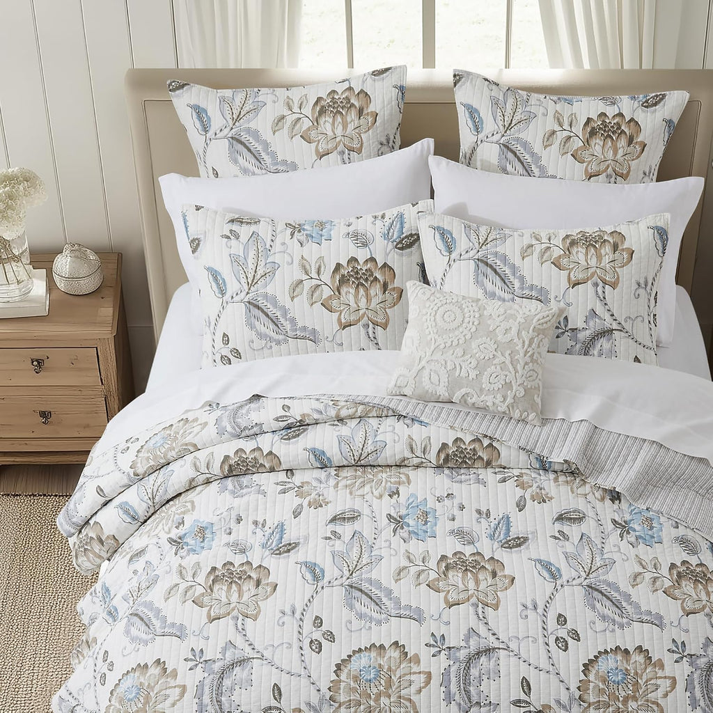 3-Piece King Cotton Reversible Floral Quilt Set Taupe Blue Cream