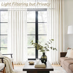 2 Panels 102 Inch Cream Pinch Pleat Linen Light Filtering Farmhouse Curtains with Hooks Rings