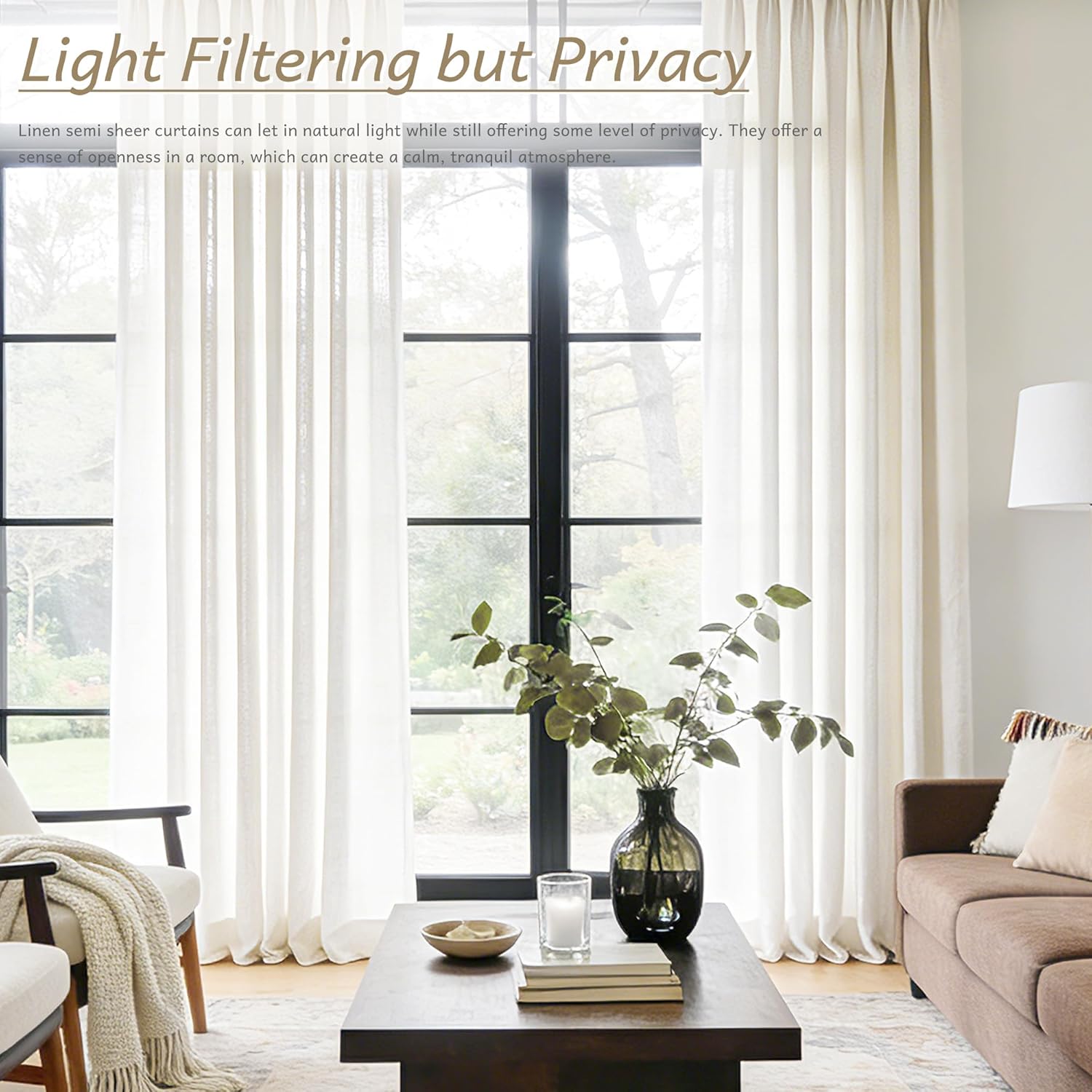 2 Panels 102 Inch Cream Pinch Pleat Linen Light Filtering Farmhouse Curtains with Hooks Rings