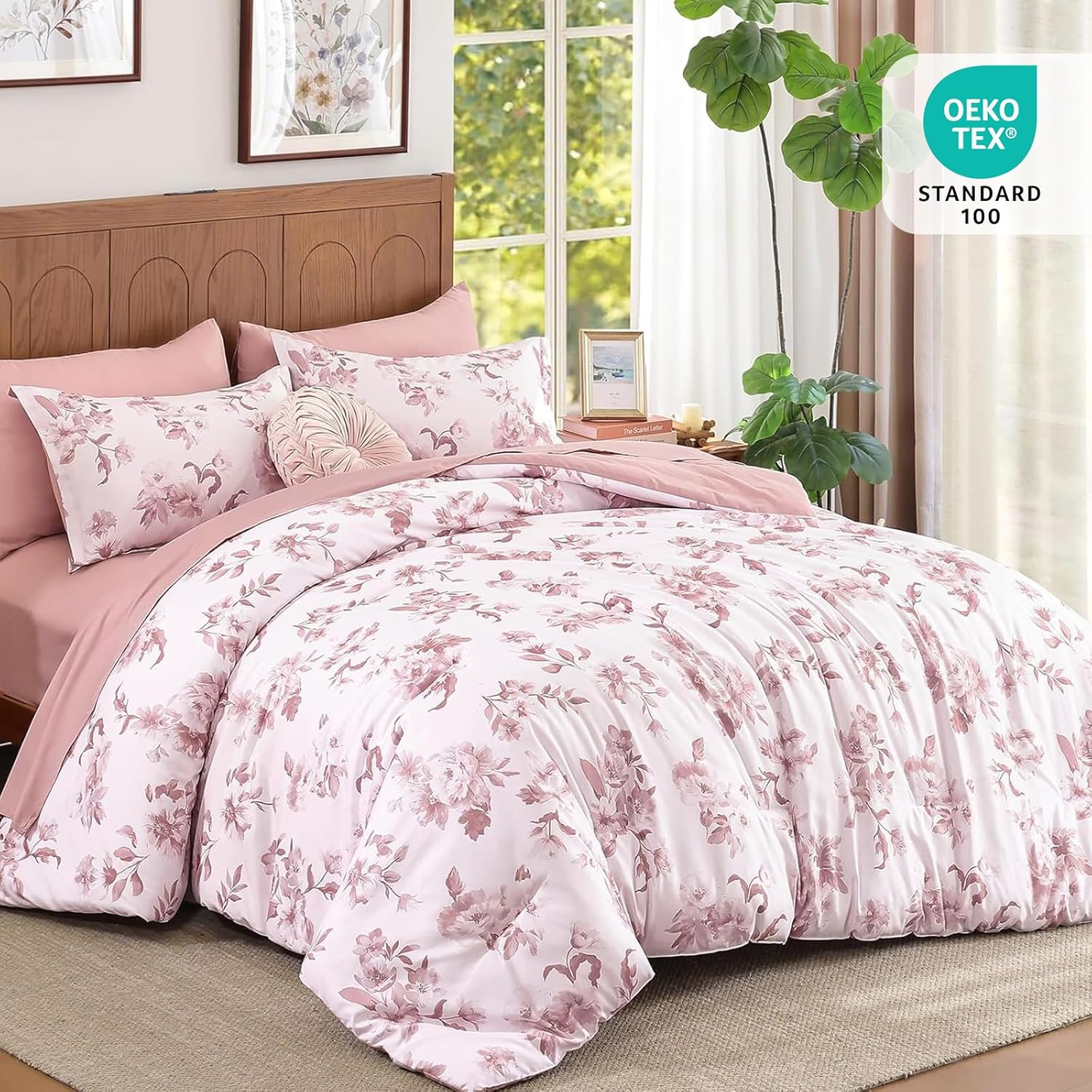 7-Piece Queen Pink Watercolor Floral All Season Lightweight Bed in a Bag Comforter Set