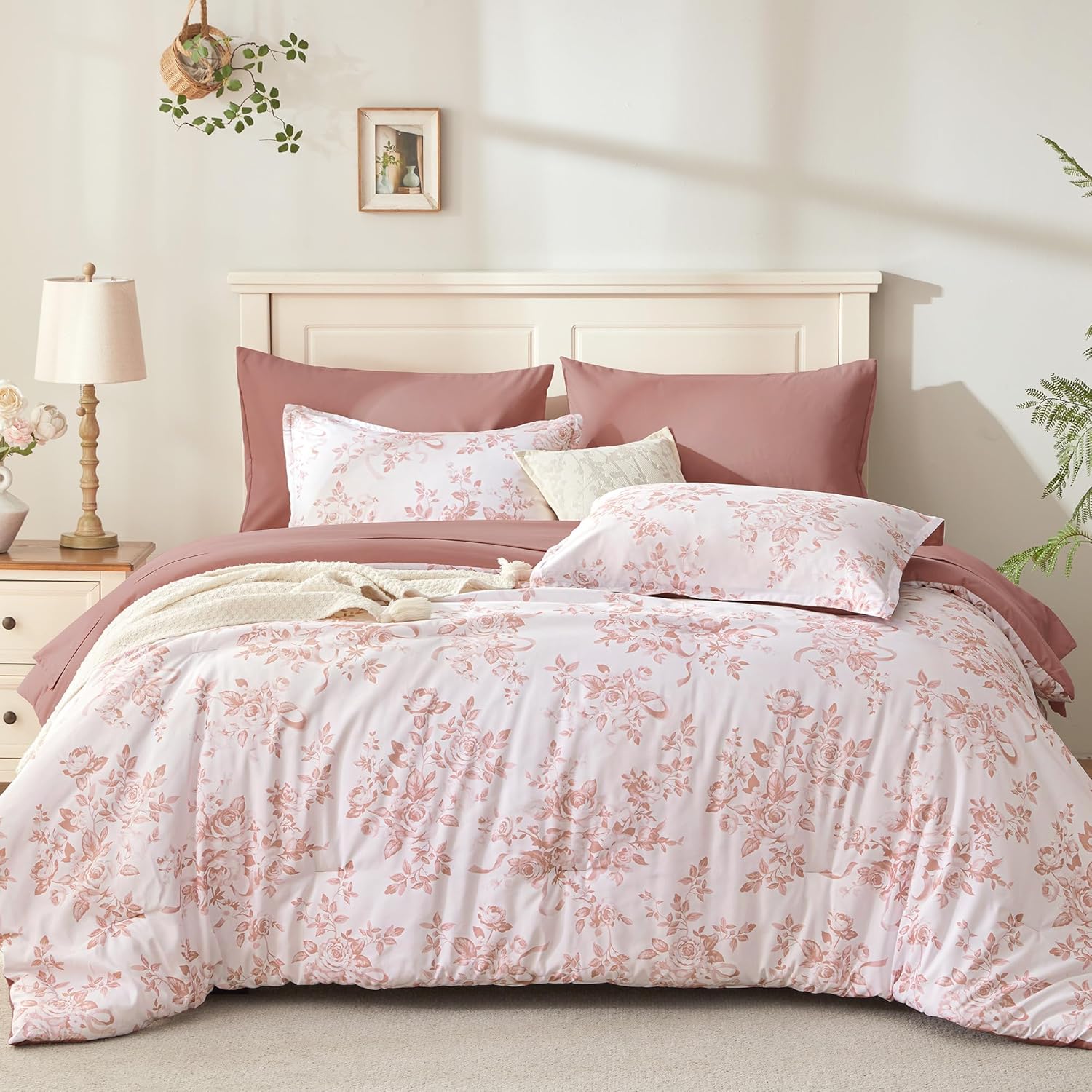 Andency 7 Pieces Queen Pink Floral Vintage All Season Bed in a Bag Comforter Set