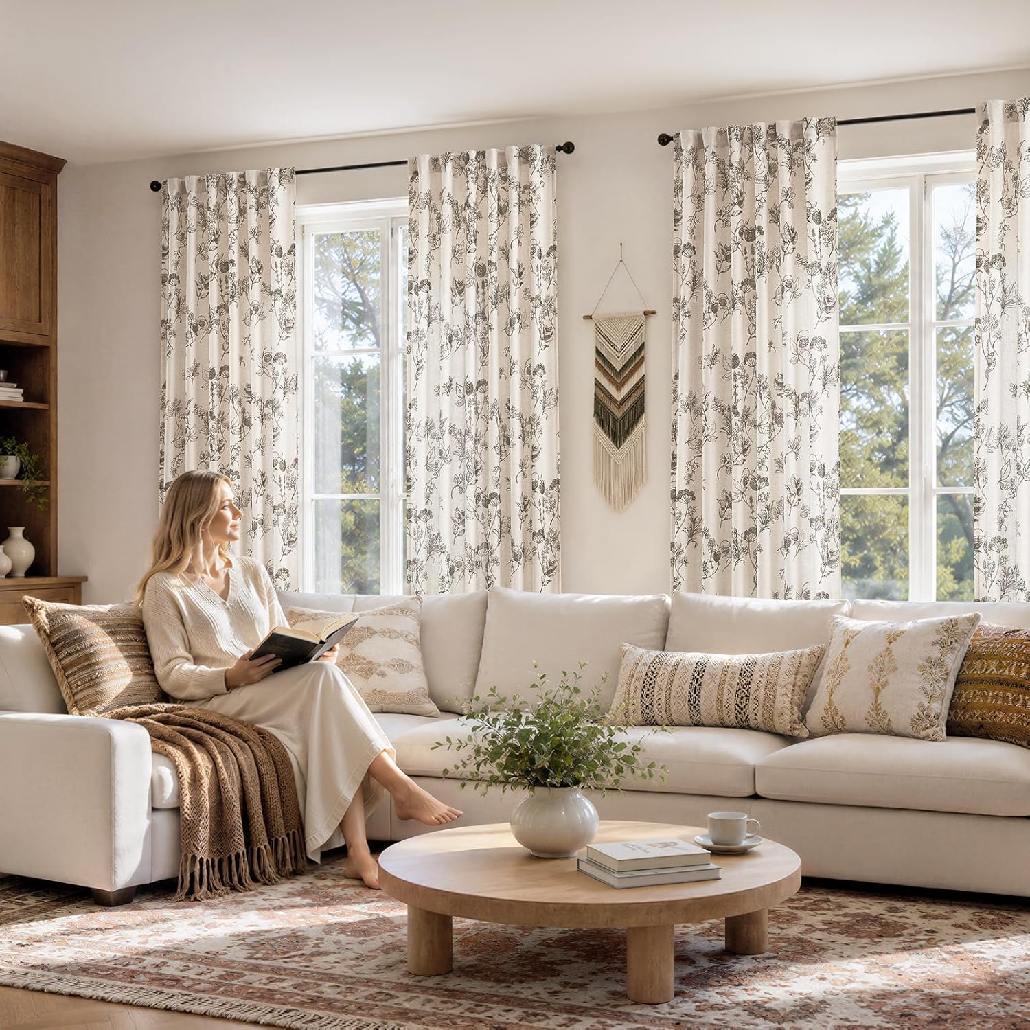 2 Panels 52x84 Inch Vanilla Floral Printed Linen Farmhouse Rod Pocket Curtains