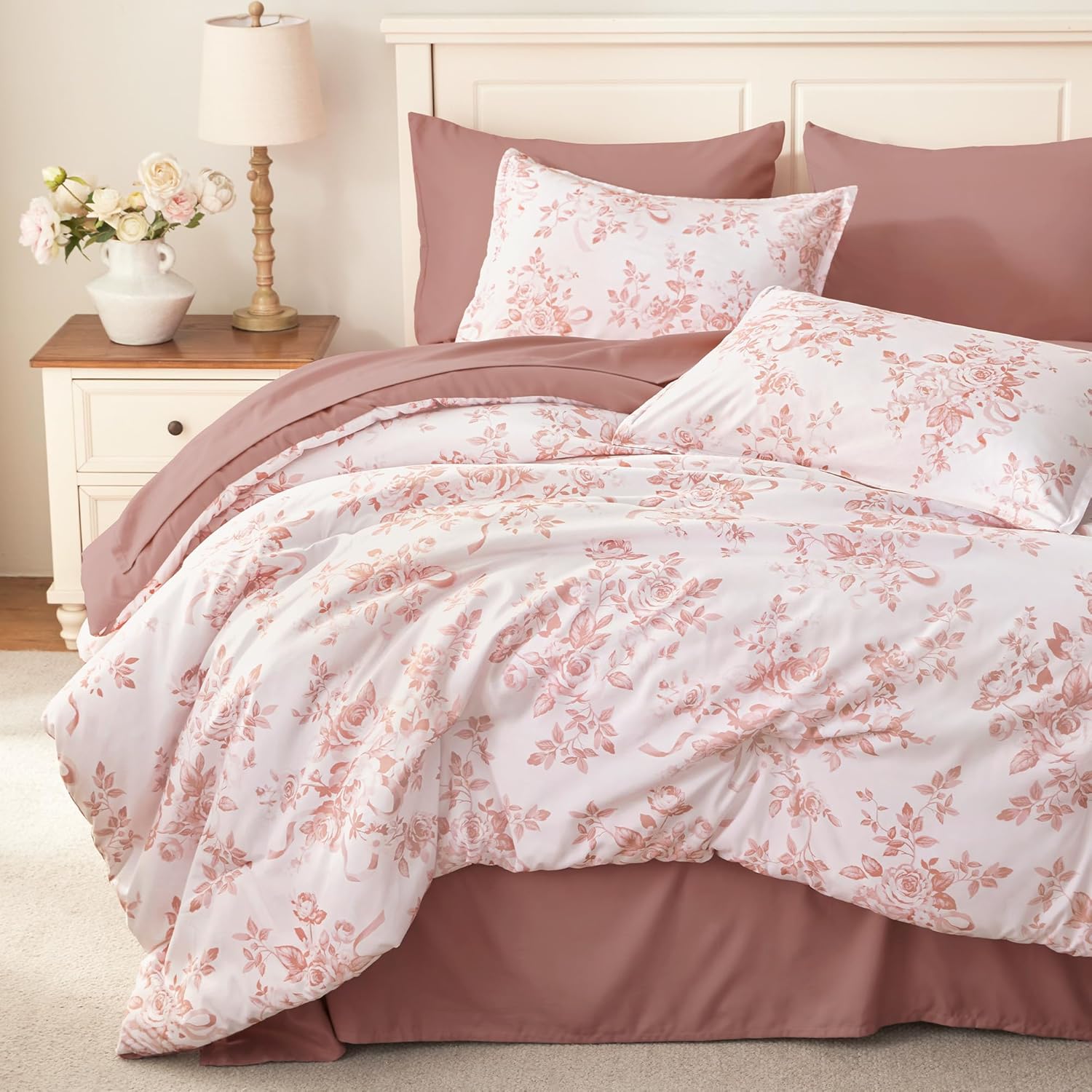 Andency 7 Pieces Queen Pink Floral Vintage All Season Bed in a Bag Comforter Set