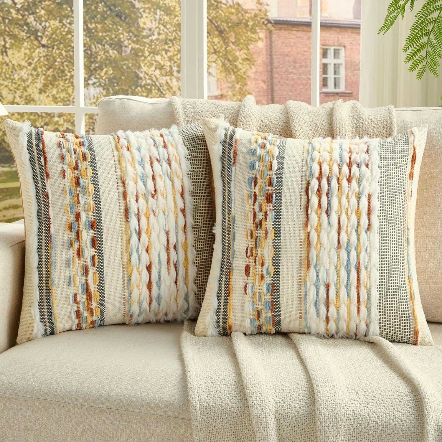 2Pcs 20x20 Rust Blue Yellow Tufted Striped Chenille Boho Farmhouse Pillow Covers