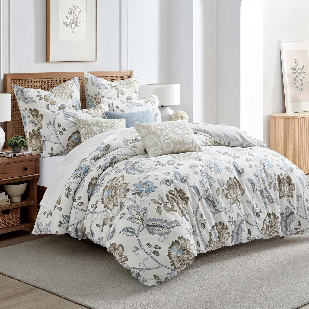 3-Piece King Cotton Reversible Floral Quilt Set Taupe Blue Cream