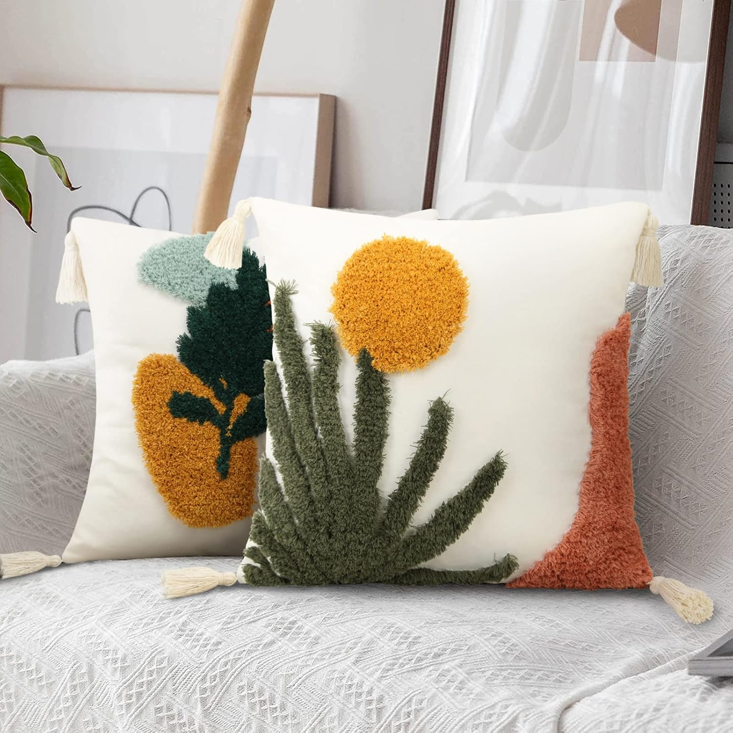Merrycolor 1Pc 18x18 Tufted Tassel Plant Leaf Boho Throw Pillow Cover