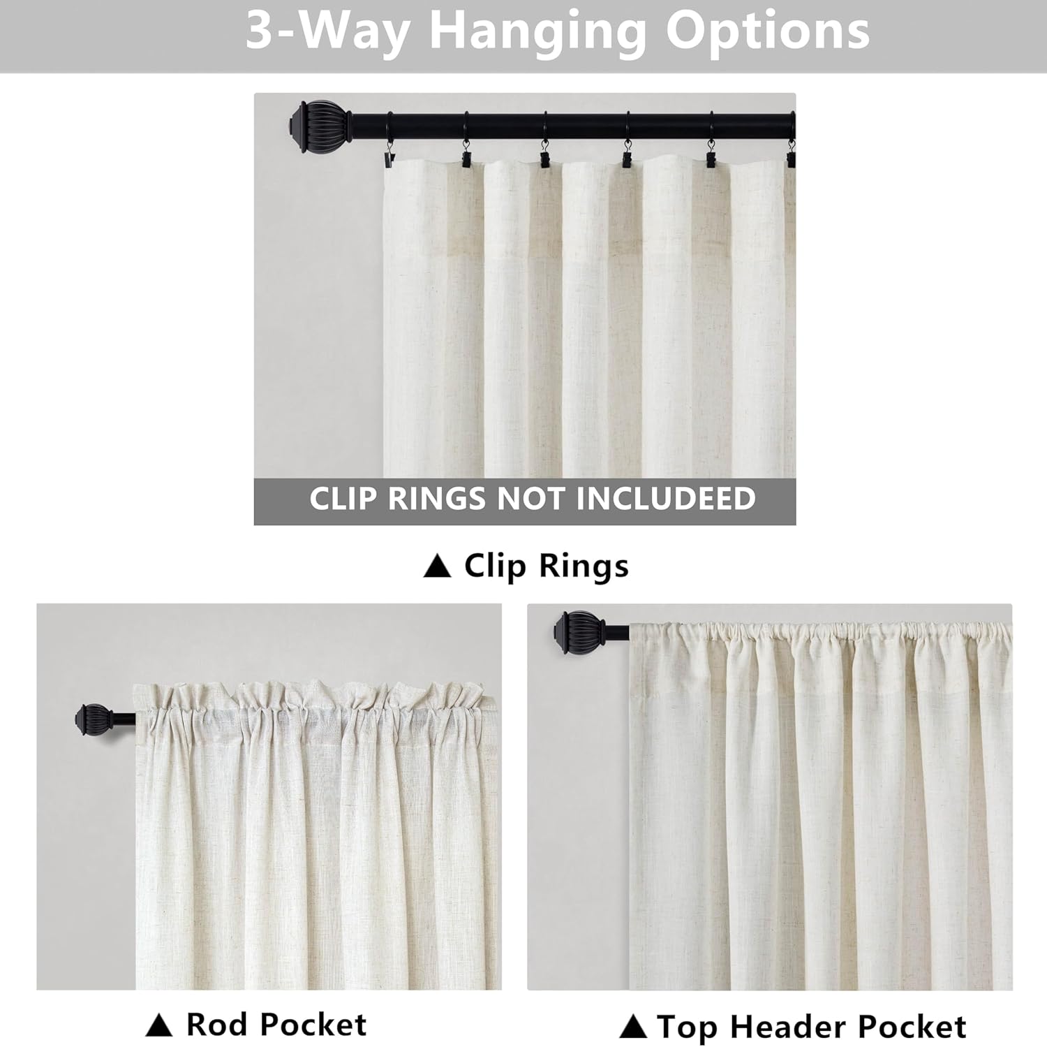 84 Inch Cream Linen Rod Pocket Light Filtering Semi Sheer Farmhouse Cottage Curtains for Living Room Bedroom