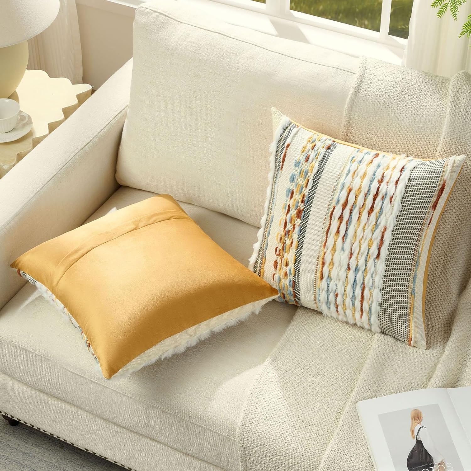 2Pcs 20x20 Rust Blue Yellow Tufted Striped Chenille Boho Farmhouse Pillow Covers