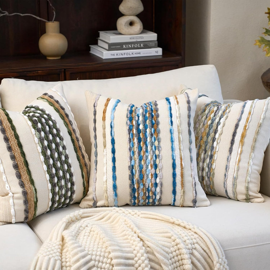 Aeckself 2Pcs 18x18 Sky Blue Striped Tufted Chenille Boho Farmhouse Pillow Covers
