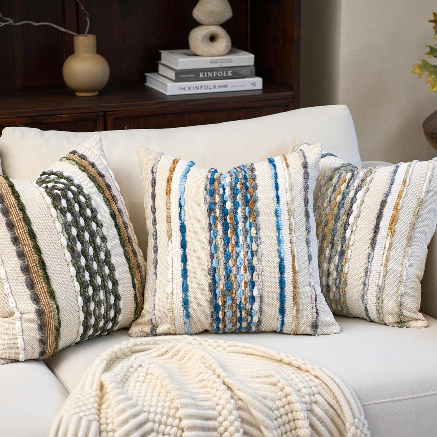 Aeckself 2Pcs 18x18 Sky Blue Striped Tufted Chenille Boho Farmhouse Pillow Covers