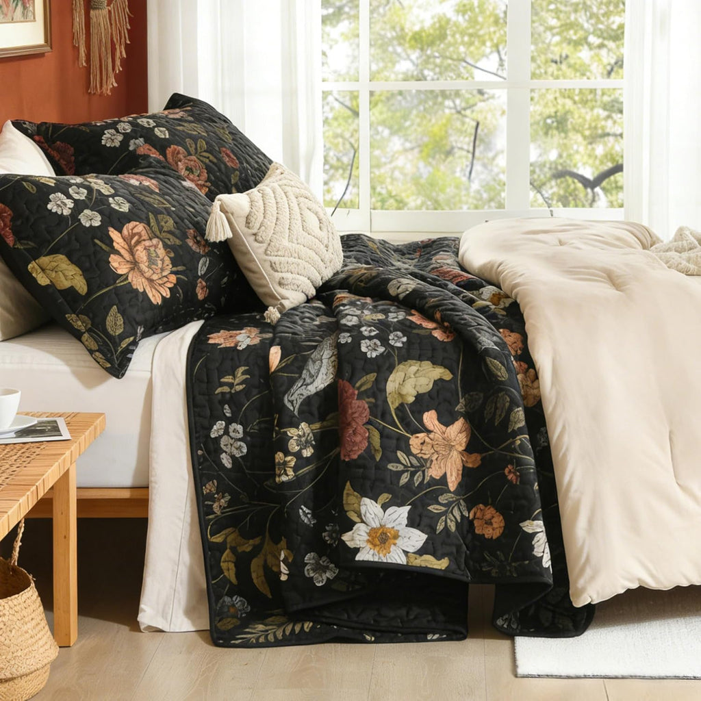 3-Piece King Black Botanical Bird Pattern Lightweight Quilt Coverlet Set