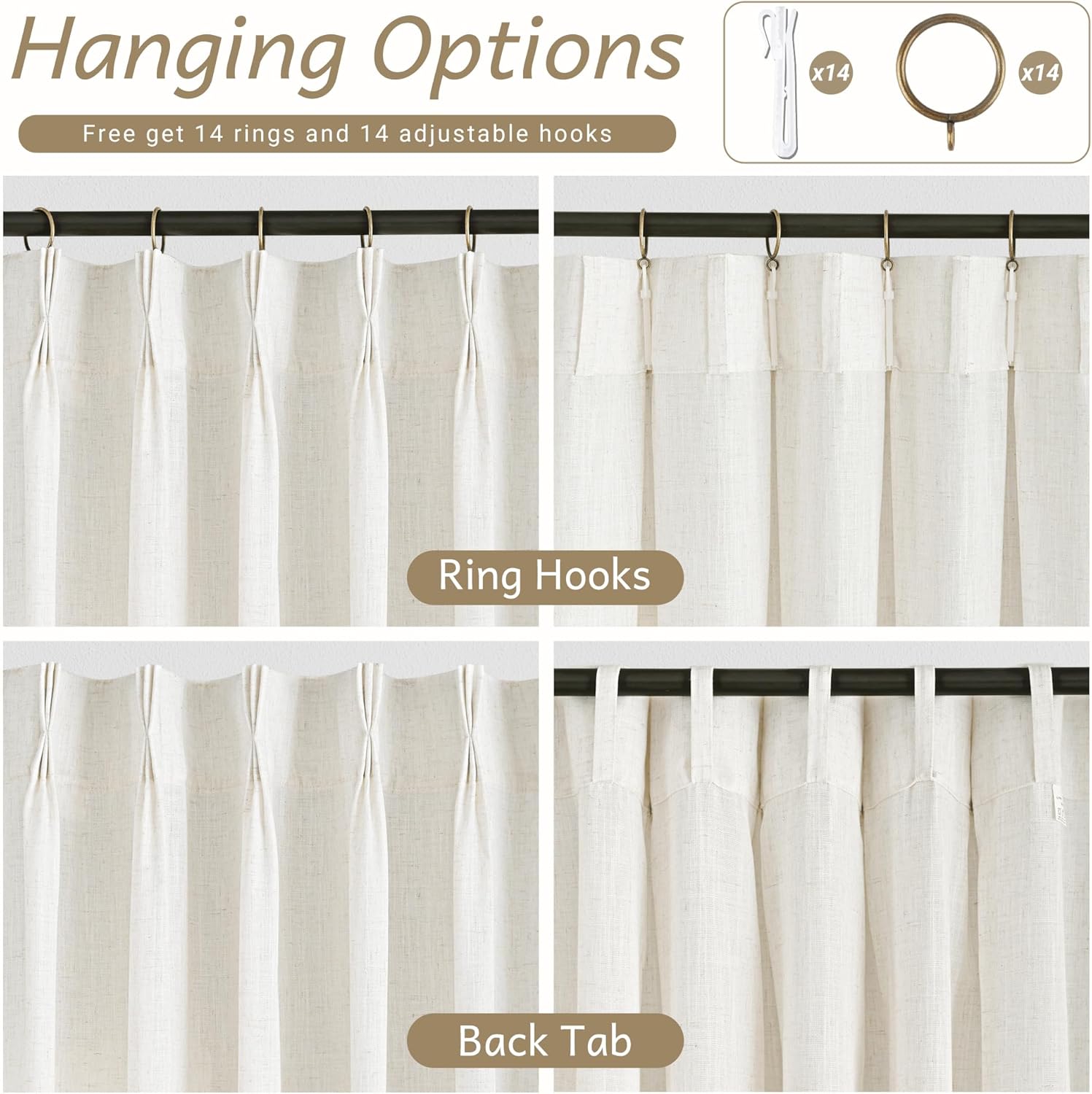 2 Panels 102 Inch Cream Pinch Pleat Linen Light Filtering Farmhouse Curtains with Hooks Rings