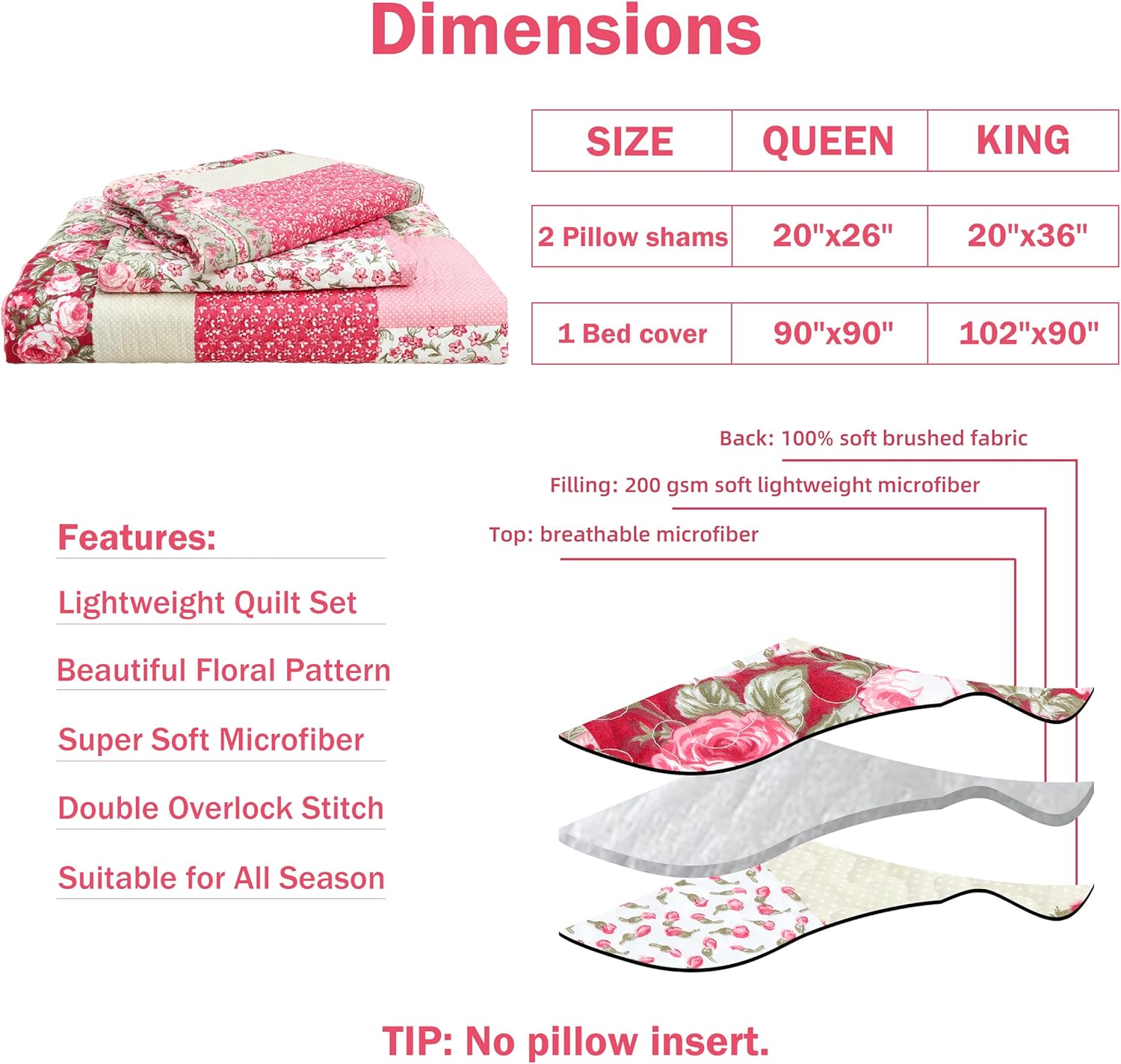 Hot Pink Rose Floral Reversible Lightweight Quilt Bedspread Set with Pillow Cases
