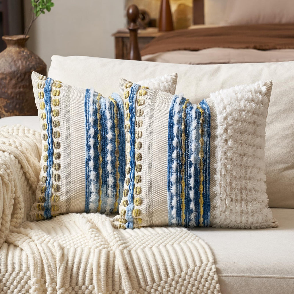 Aeckself 2Pcs 18x18 Sky Blue Striped Tufted Chenille Boho Farmhouse Pillow Covers