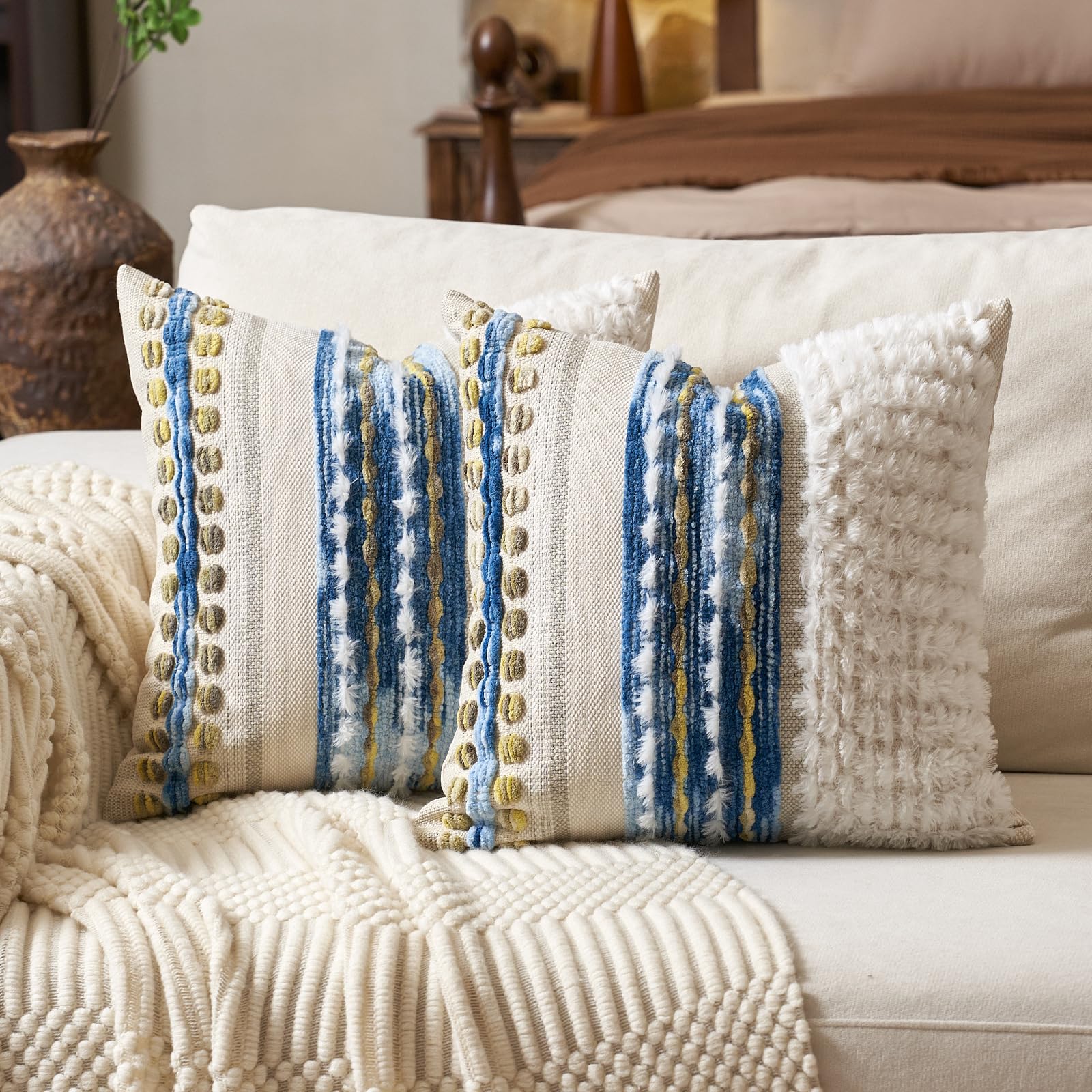 Aeckself 2Pcs 18x18 Sky Blue Striped Tufted Chenille Boho Farmhouse Pillow Covers